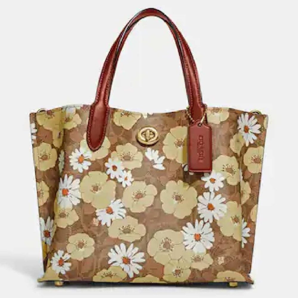 COACH Willow Tote 24 in Signature Canvas Floral Print Crossbody Tan Rust NWT